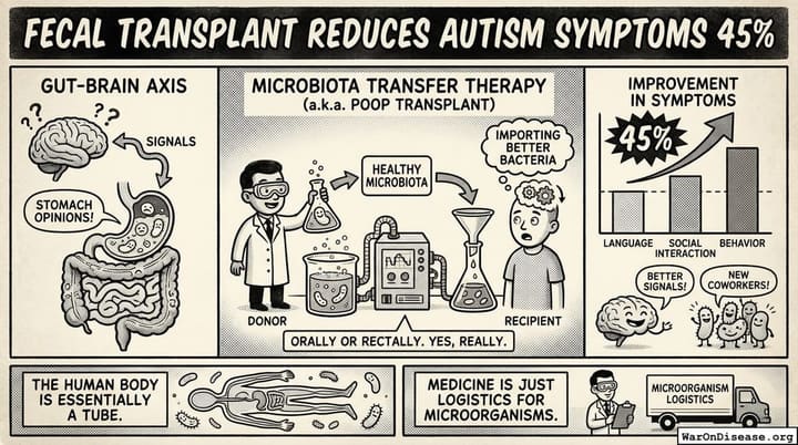 Fecal Transplant Reduces Autism Symptoms 45%
