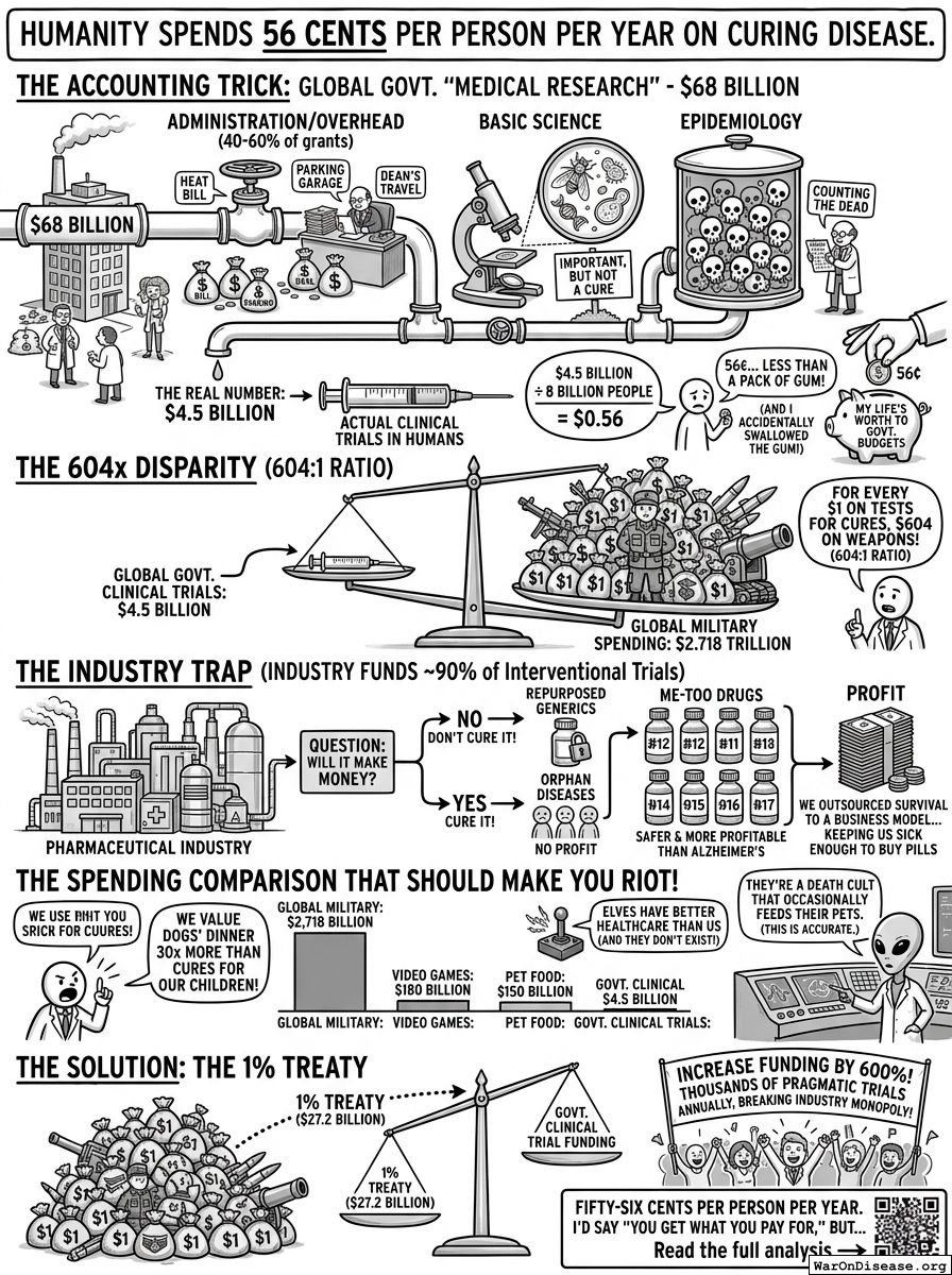 Infographic for Humanity Spends 56 Cents Per Person Per Year on Curing Disease