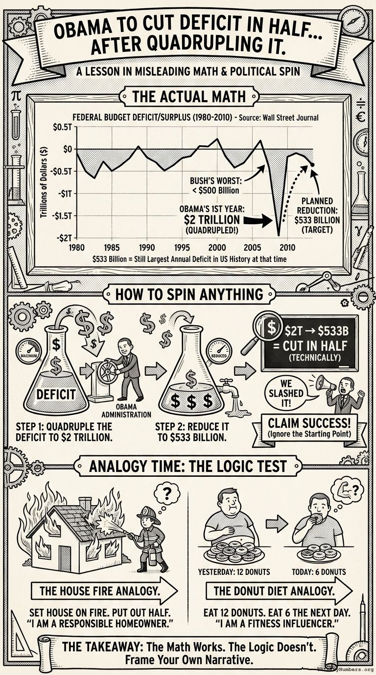 Infographic for Obama to cut deficit in half... After quadrupling it.