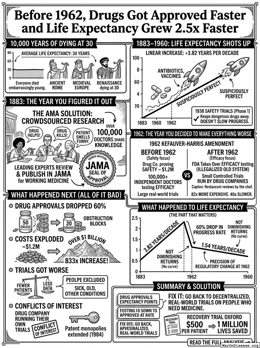 Infographic for Before 1962, Drugs Got Approved Faster and Life Expectancy Grew 2.5x Faster