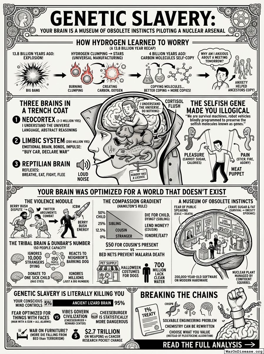 Infographic for Genetic Slavery: Your Brain Is a Museum of Obsolete Instincts Piloting a Nuclear Arsenal