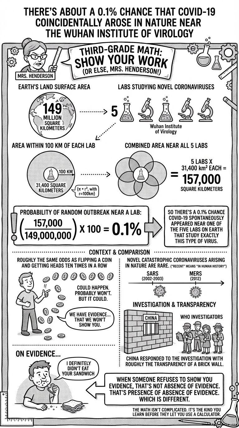 Infographic for There's about a 0.1% Chance that COVID-19 Coincidentally Arose in Nature near the Wuhan Institute of Virology