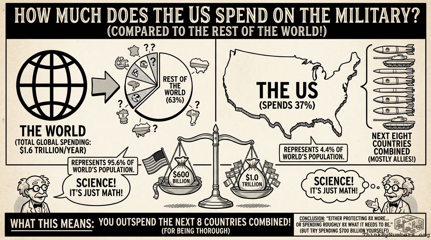 How much does the US spend on the military compared to the rest of the world?